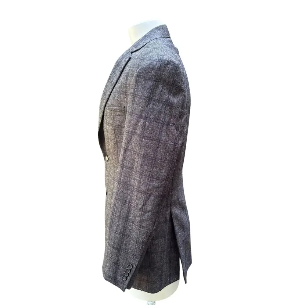 Jos A Bank Sport Coat Sz 42 Long Gray Windowpane Wool Silk Linen Single Breasted